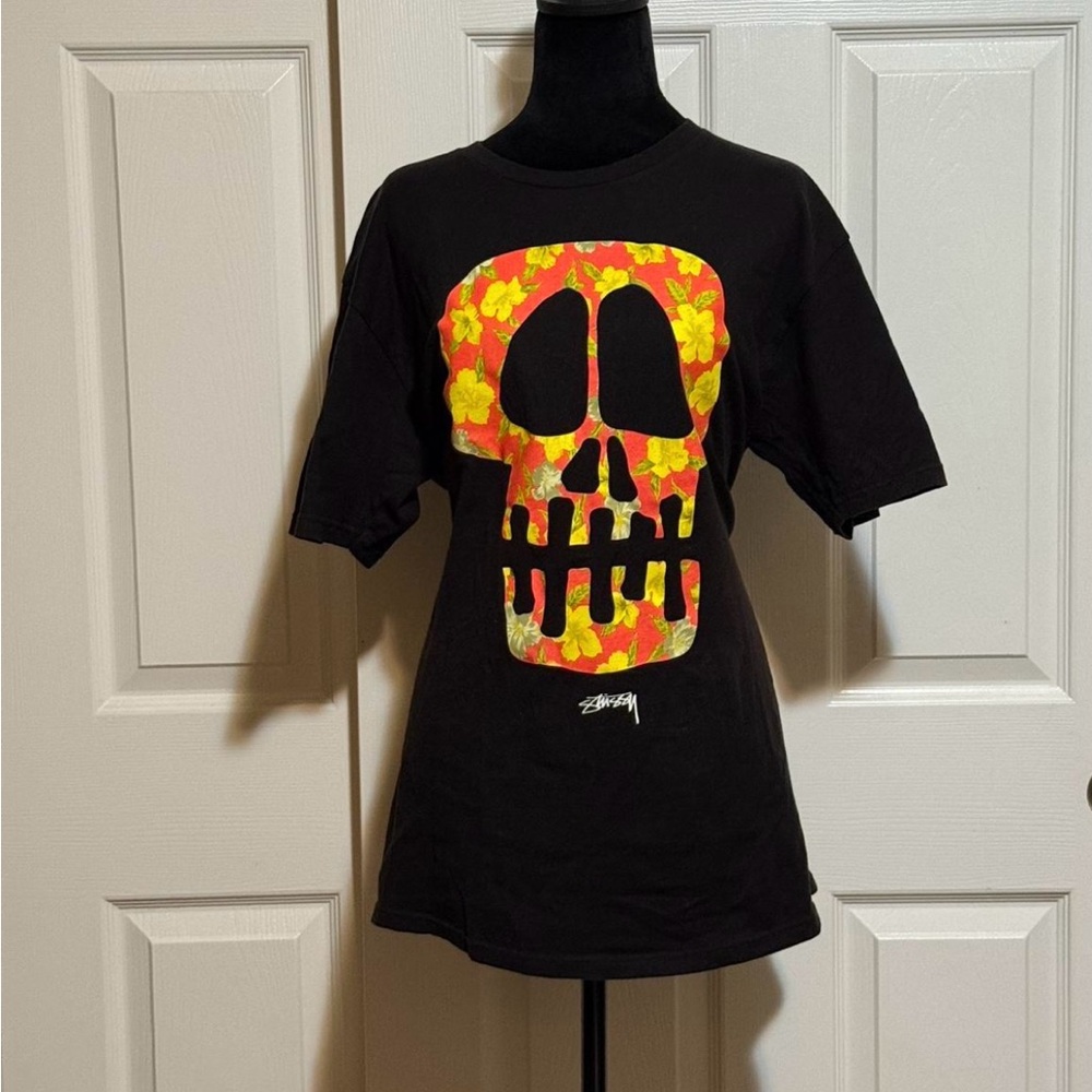 Stussy Black Tee with Yellow and Red Floral Skull Graphic